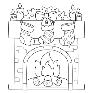 Lareira decorada com meias, velas e guirlanda para colorir