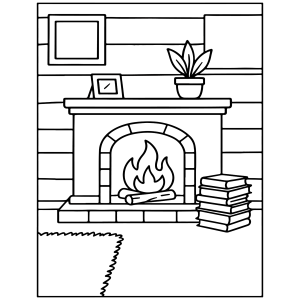 Lareira moderna com livros e vaso de planta para colorir