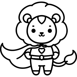Leão super-herói kawaii de capa para colorir