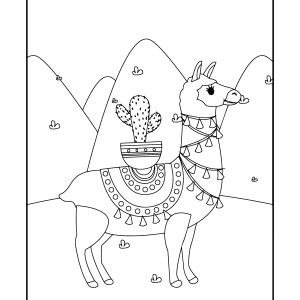 Lhama carregando um cacto nas montanhas para colorir