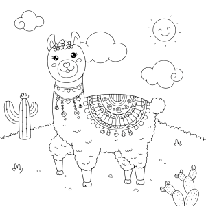 Lhama com manta decorada entre cactos para colorir