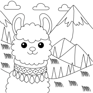 Lhama kawaii com colar diante das montanhas para colorir