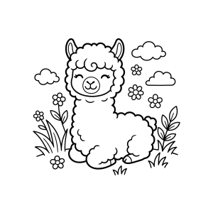 Lhama sorridente deitada entre flores para colorir