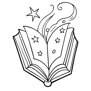 Livro aberto com estrelas e fumaça mágica para colorir