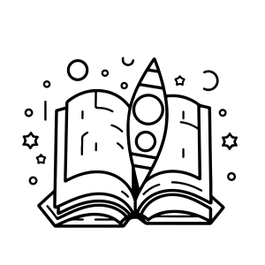 Livro aberto com foguete e planetas para colorir