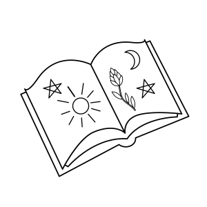Livro aberto com sol e flor desenhados para colorir