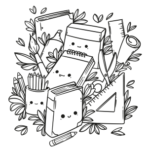 Livros kawaii com lápis, régua e folhas para colorir