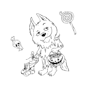 Lobisomem pequeno com doces de Halloween para colorir