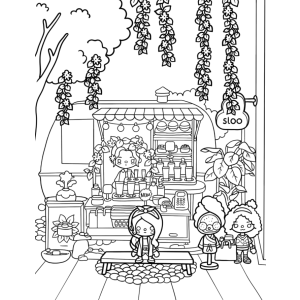 Lojinha do Toca Boca cheia de prateleiras e plantas para colorir