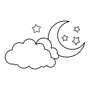 Lua crescente entre nuvens e estrelas para colorir