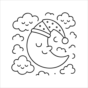 Lua dorminhoca de touca entre as nuvens para colorir