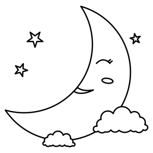Lua sorridente entre nuvens e estrelas para colorir