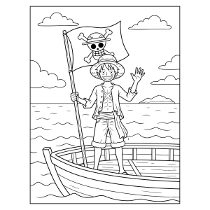 Luffy no barco com a bandeira pirata para colorir