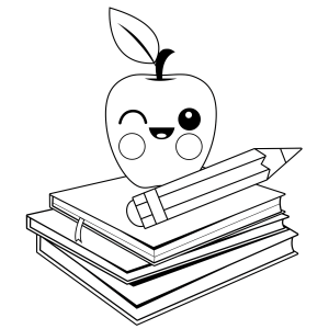 Maçã sorridente com livros e lápis para colorir