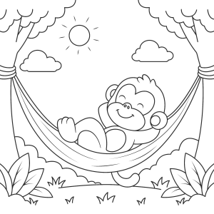 Macaquinho descansando na rede em dia de sol para colorir