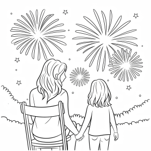 Mãe e filha admirando os fogos de artifício para colorir