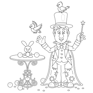 Mágico de circo com coelho, pombo e cartola para colorir