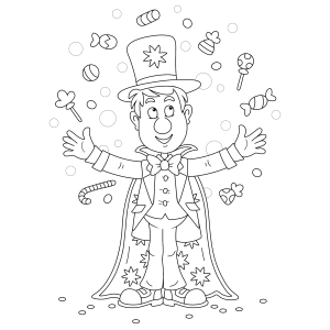 Mágico de circo fazendo malabarismo com doces para colorir