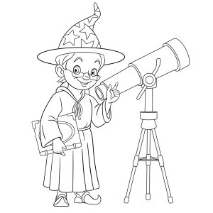 Mago astrônomo observando o céu com telescópio para colorir