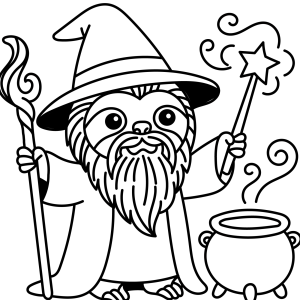 Mago com cajado, varinha e caldeirão borbulhante para colorir
