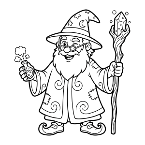 Mago com poção mágica e cajado para colorir