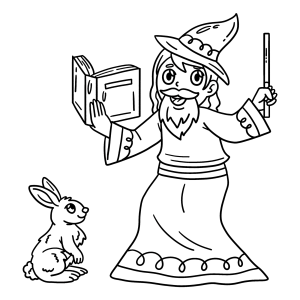 Mago de circo com livro, varinha e coelhinho para colorir