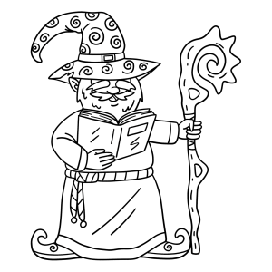 Mago de óculos lendo o livro de feitiços com seu cajado para colorir