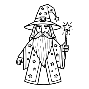 Mago de túnica estrelada com varinha para colorir