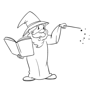 Mago lendo o livro de feitiços e apontando a varinha para colorir