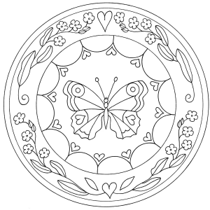 Mandala com borboleta e corações para colorir