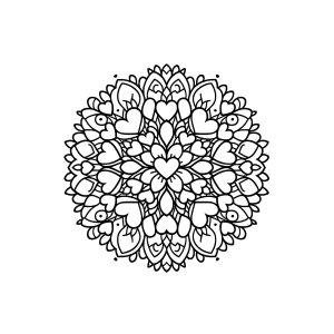 Mandala redonda com tulipas e corações para colorir