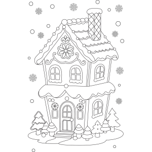 Mansão de gengibre na neve com pinheiros para colorir