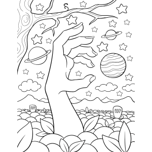 Mão de zumbi entre planetas e estrelas para colorir