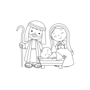 Maria e José cuidando do bebê na manjedoura para colorir
