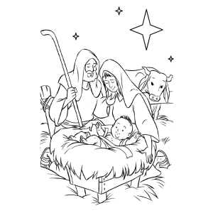 Maria e José velando o Menino Jesus com a vaca para colorir