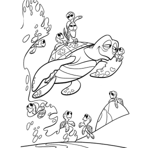 Marlin e Dory surfando na correnteza com as tartarugas para colorir
