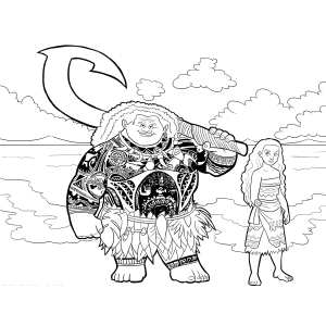 Maui e Moana em Motunui para colorir