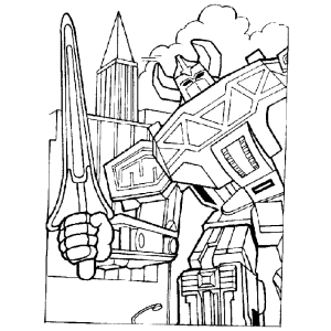 Megazord gigante protegendo a cidade para colorir