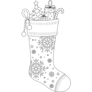 Meia de Natal com flocos de neve e presentes para colorir