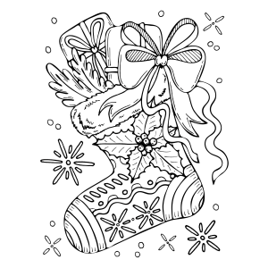 Meia de Natal com laço, pinhas e bengalinha para colorir