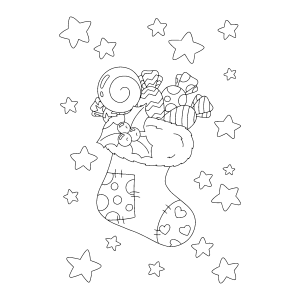 Meia de Natal entre estrelas com doces para colorir