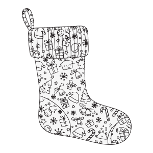 Meia de Natal estampada com presentes e doces para colorir