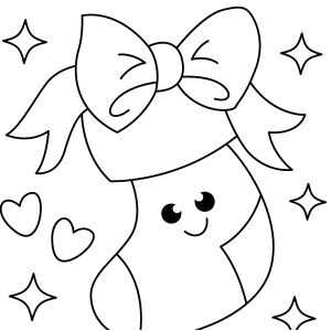 Meia de Natal kawaii com laço e corações para colorir
