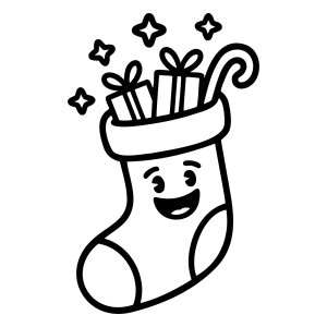Meia de Natal kawaii feliz com presentes e estrelinhas para colorir