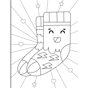 Meia de Natal kawaii sorrindo com raios de luz para colorir