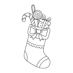 Meia de Natal recheada de presentes e brinquedos para colorir