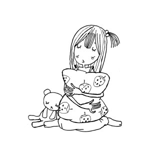 Menina abraçando o travesseiro com a boneca para colorir
