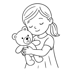 Menina abraçando o ursinho com carinho para colorir