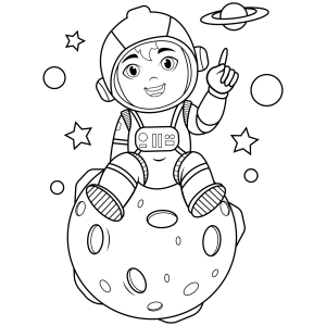 Menina astronauta sentada na lua para colorir