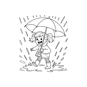 Menina caminhando na chuva de guarda-chuva para colorir